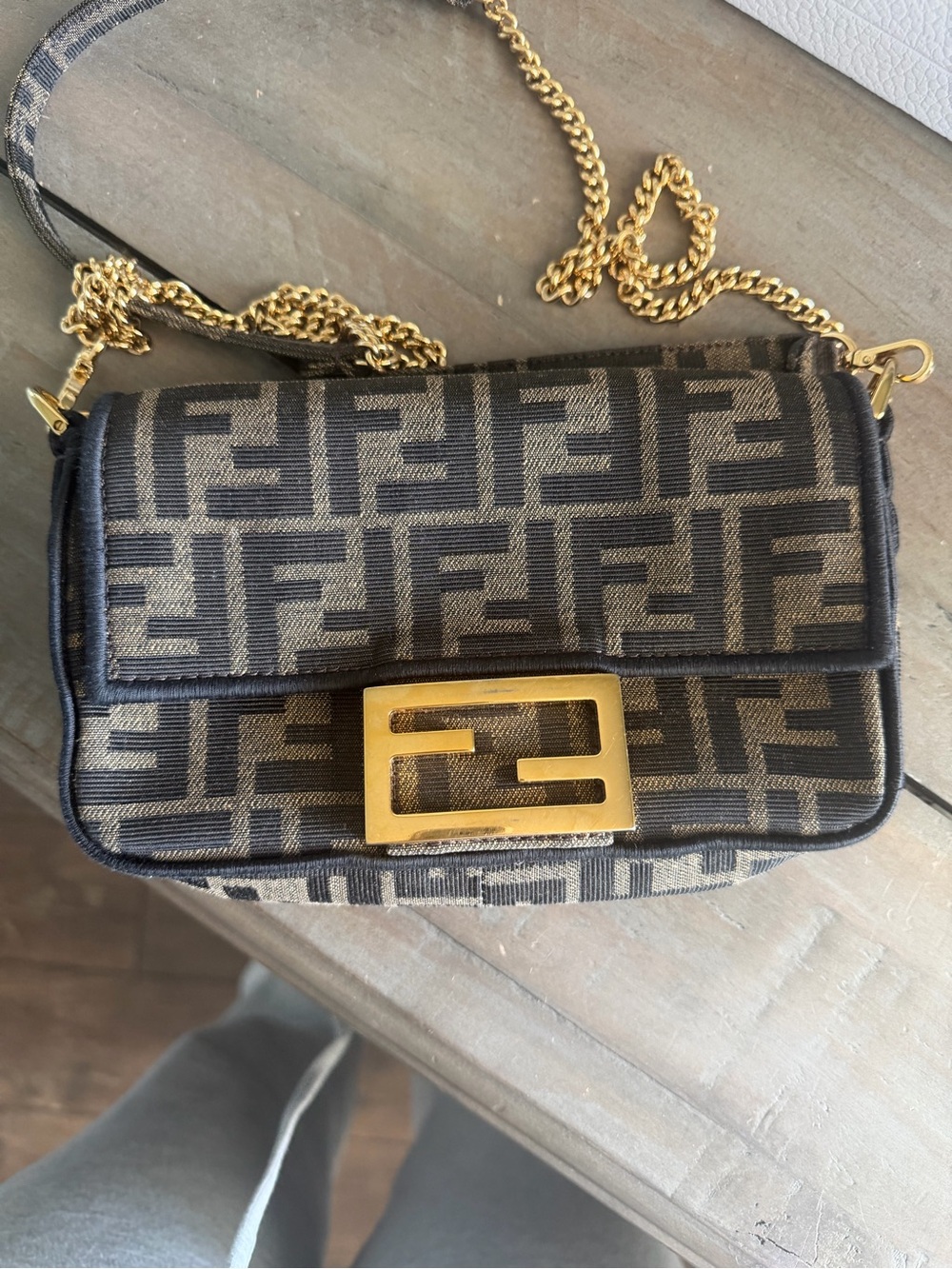 Fendi Black and Brown FF Logo Crossbody with Gold Chain. MINI BAGUETTE
